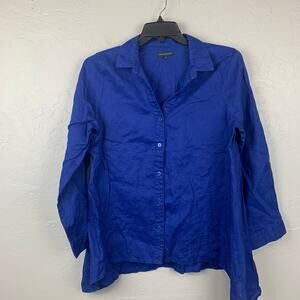 For Cynthia Linen Top Womens Size Large Royal Blue Lagenlook Button Front Tunic